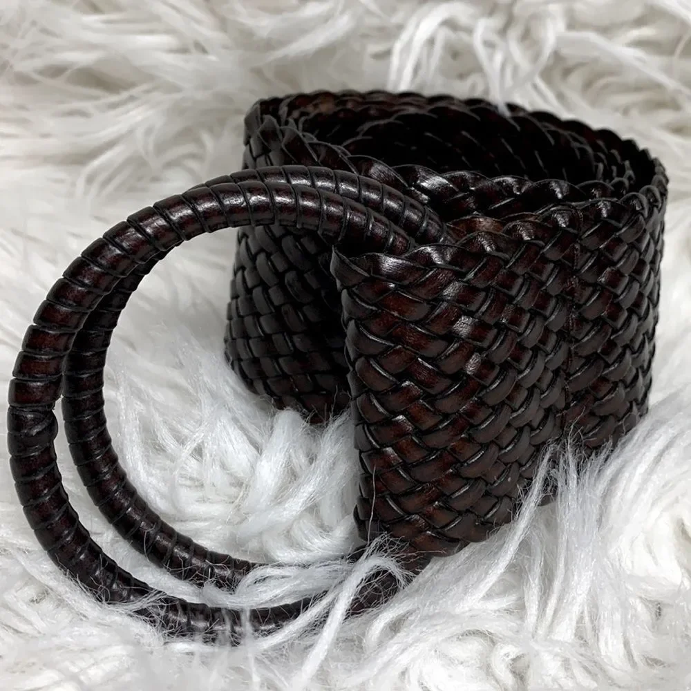 🟢3 for $20 ——-WOVEN leather adjustable wide belt 2 ring unbranded women’s